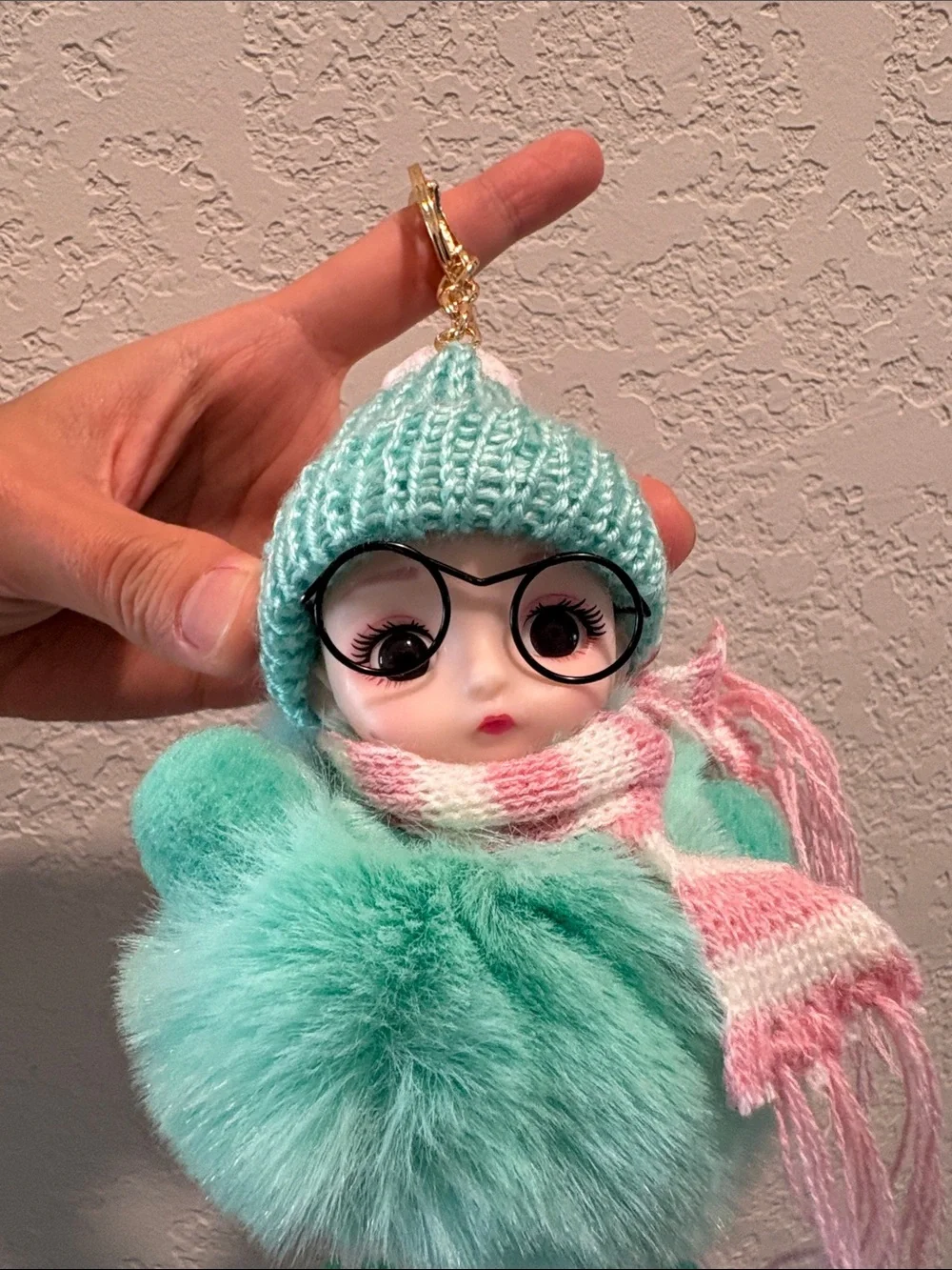 NWOT Plush Pom-Pom Doll Keychain - Mint with Pink Scarf